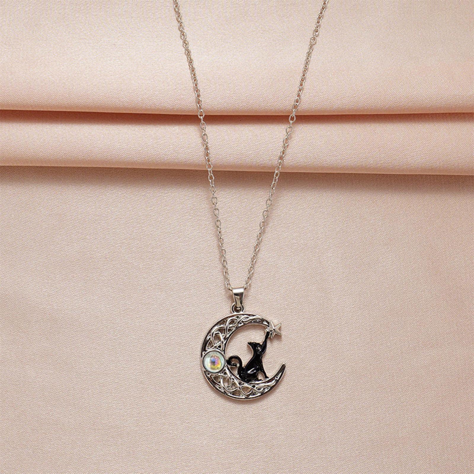 Black Cat and Crescent Moon Necklace for Valentines Day Anniversary Birthday