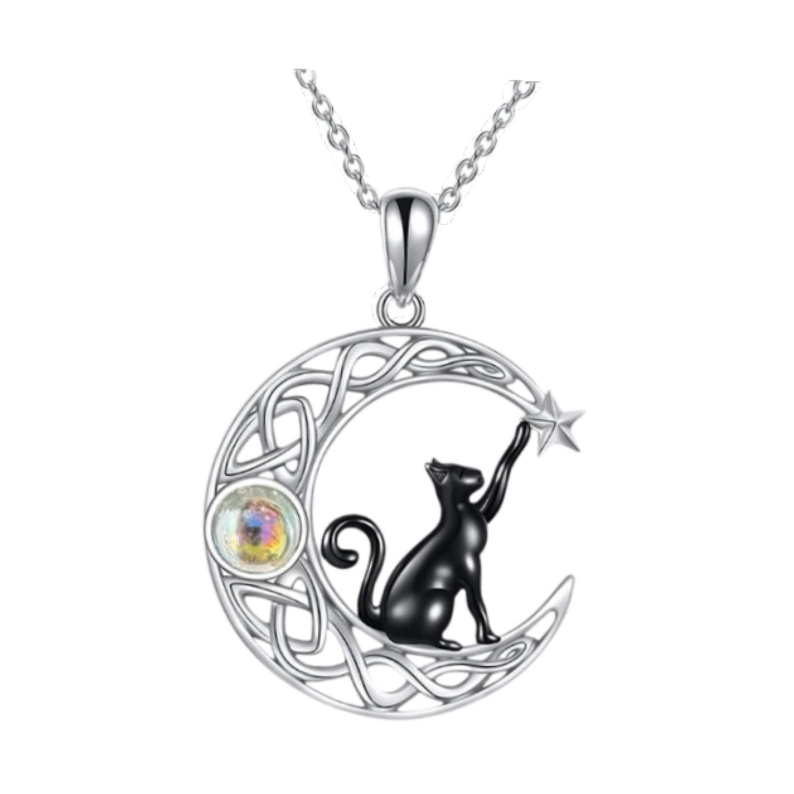 Black Cat and Crescent Moon Necklace for Valentines Day Anniversary Birthday