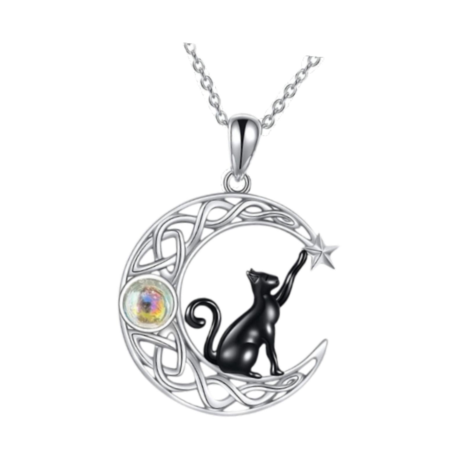 Black Cat and Crescent Moon Necklace for Valentines Day Anniversary Birthday