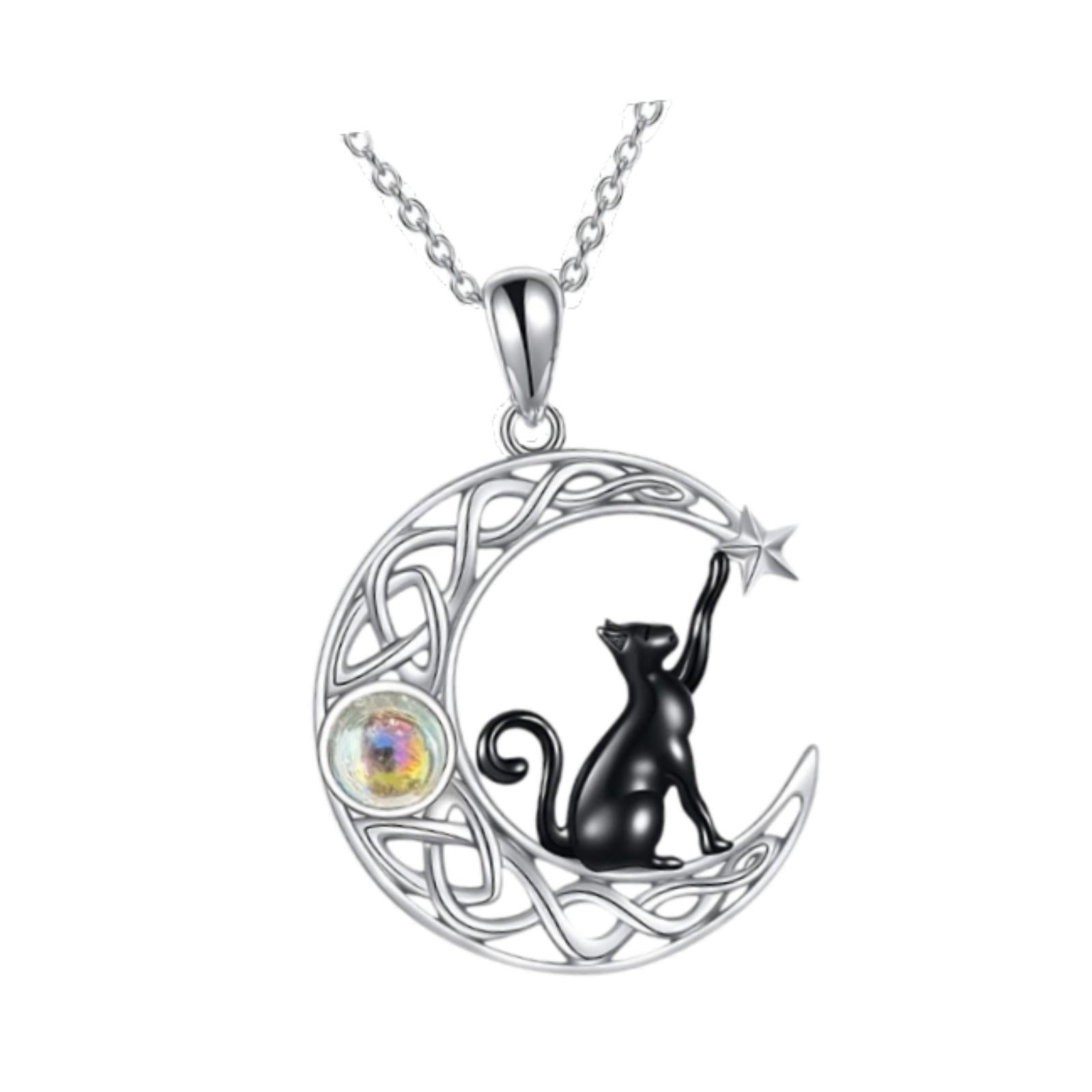 Black Cat and Crescent Moon Necklace for Valentines Day Anniversary Birthday
