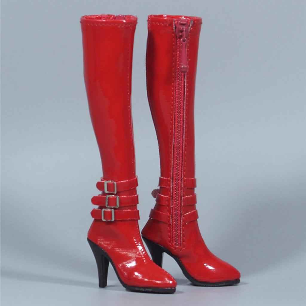 1/6 Women's Zip Up High Heeled Long Boots Shoes for 12'' Action Figure Red