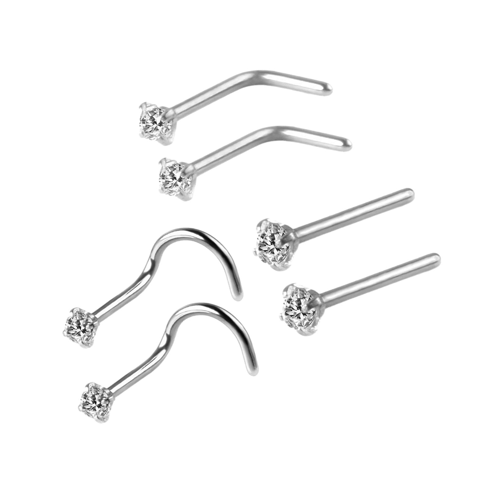6Pcs Corkscrew Nose Rings Stainless Steel Nose Studs for Men Women Birthdays Argent