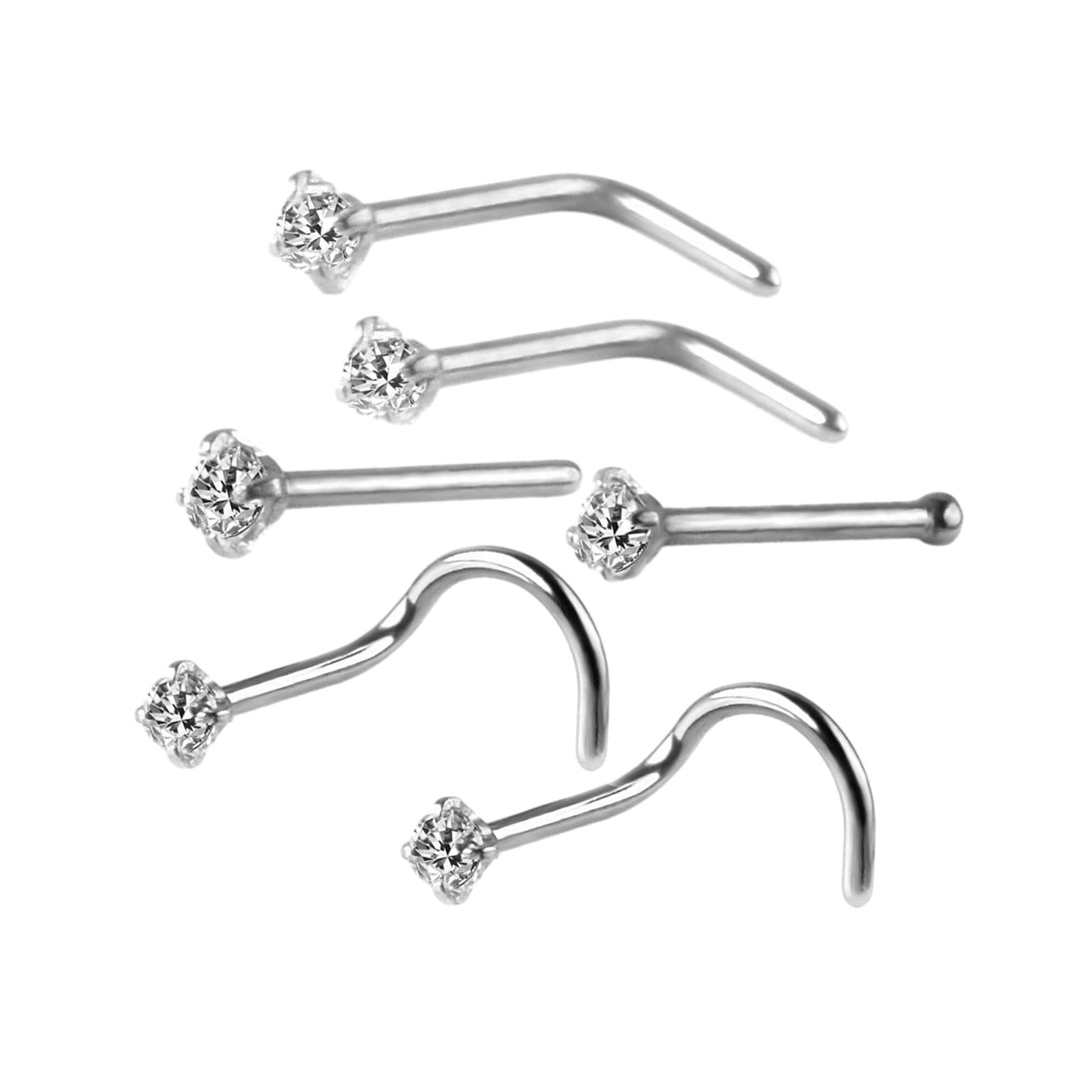 6Pcs Corkscrew Nose Rings Stainless Steel Nose Studs for Men Women Birthdays Argent