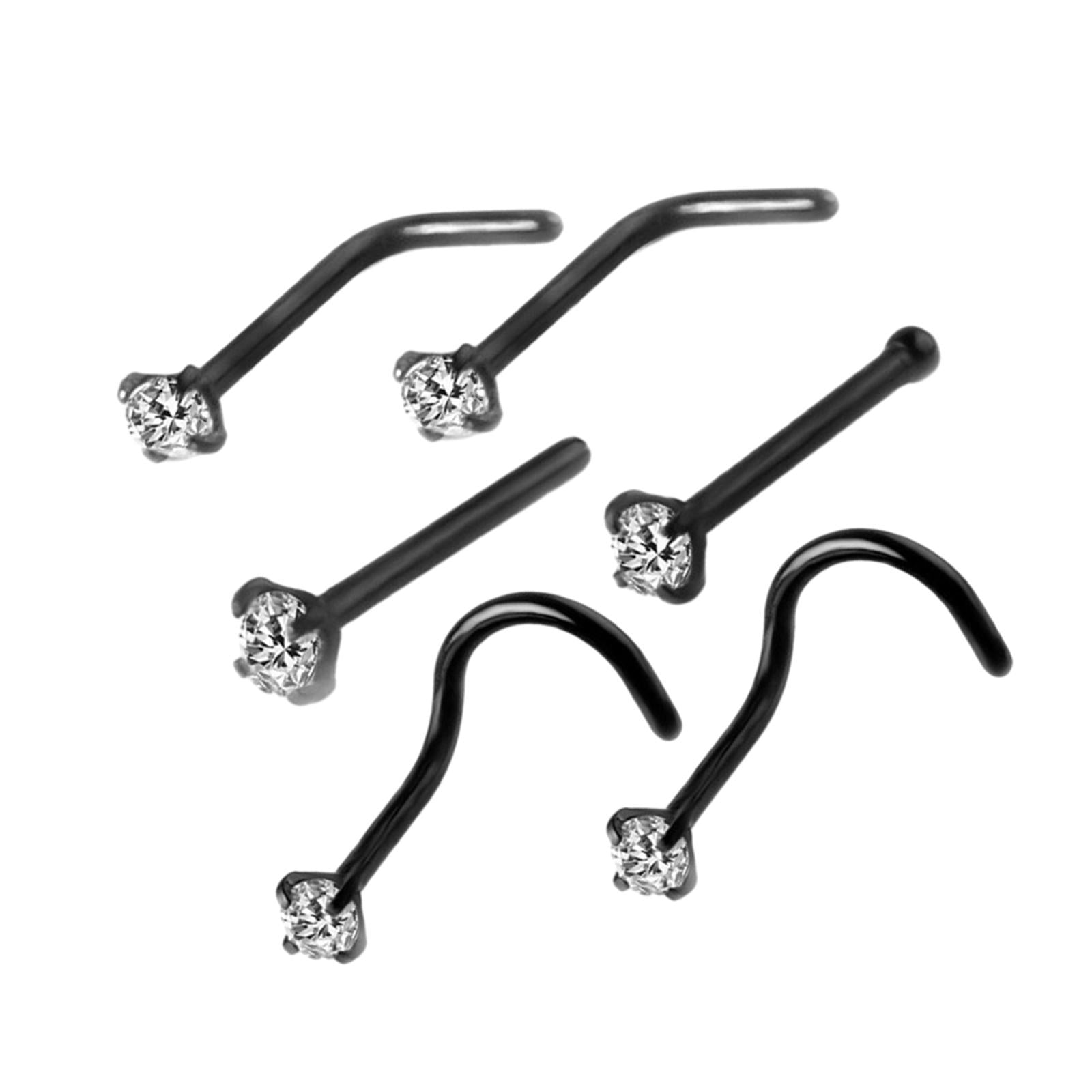 6Pcs Corkscrew Nose Rings Stainless Steel Nose Studs for Men Women Birthdays Black