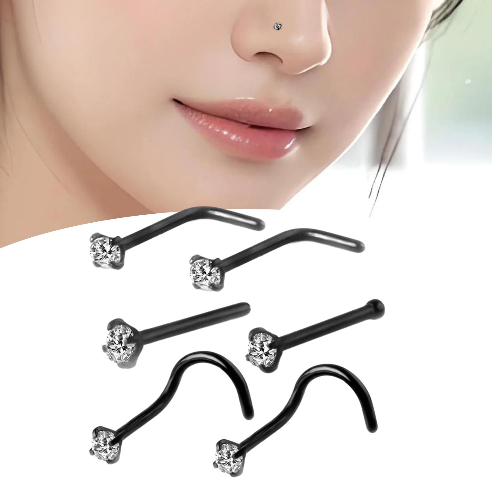 6Pcs Corkscrew Nose Rings Stainless Steel Nose Studs for Men Women Birthdays Black