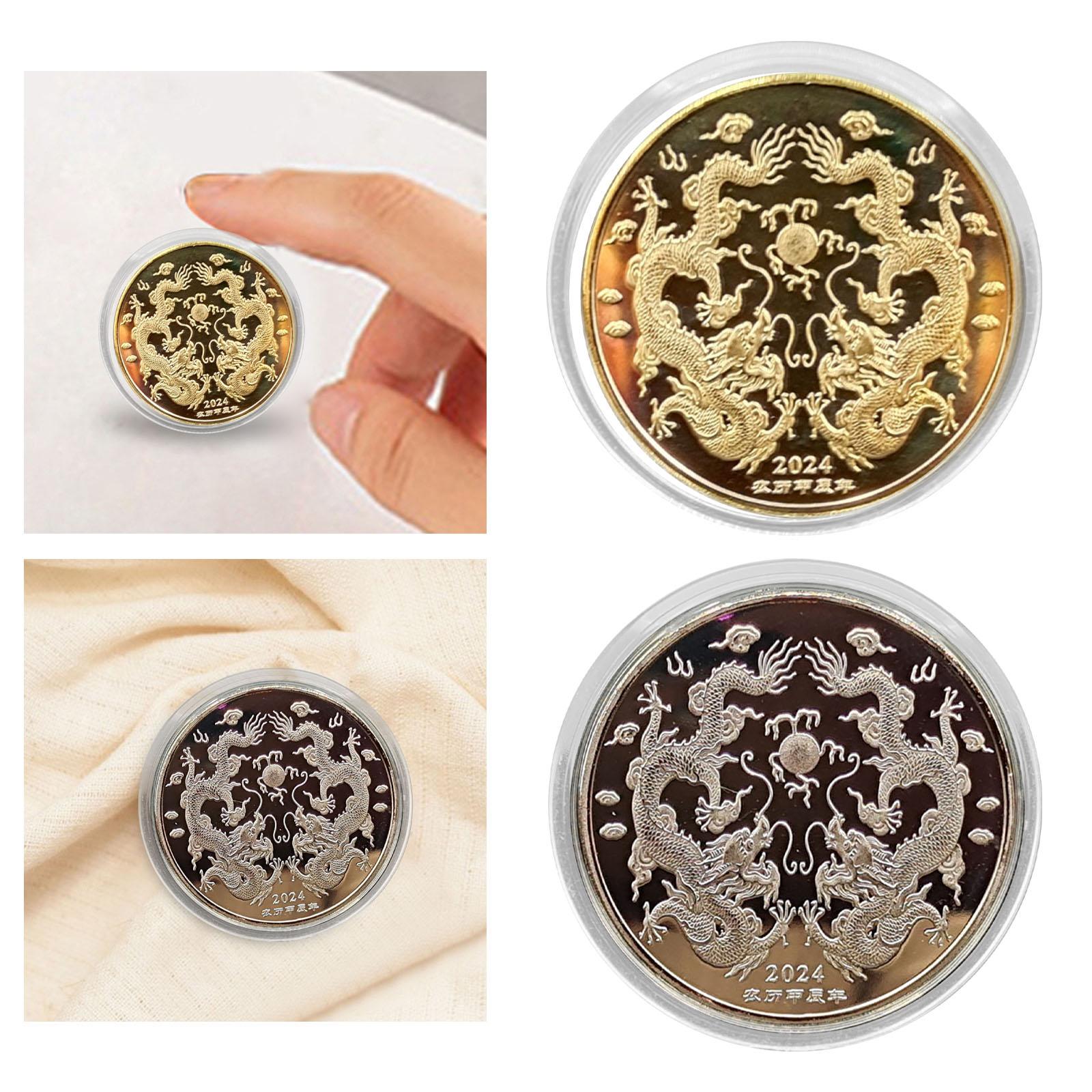 2x2024 Years of The Dragon Chinese Coin Badge Collection Coins for Family Adults Golden