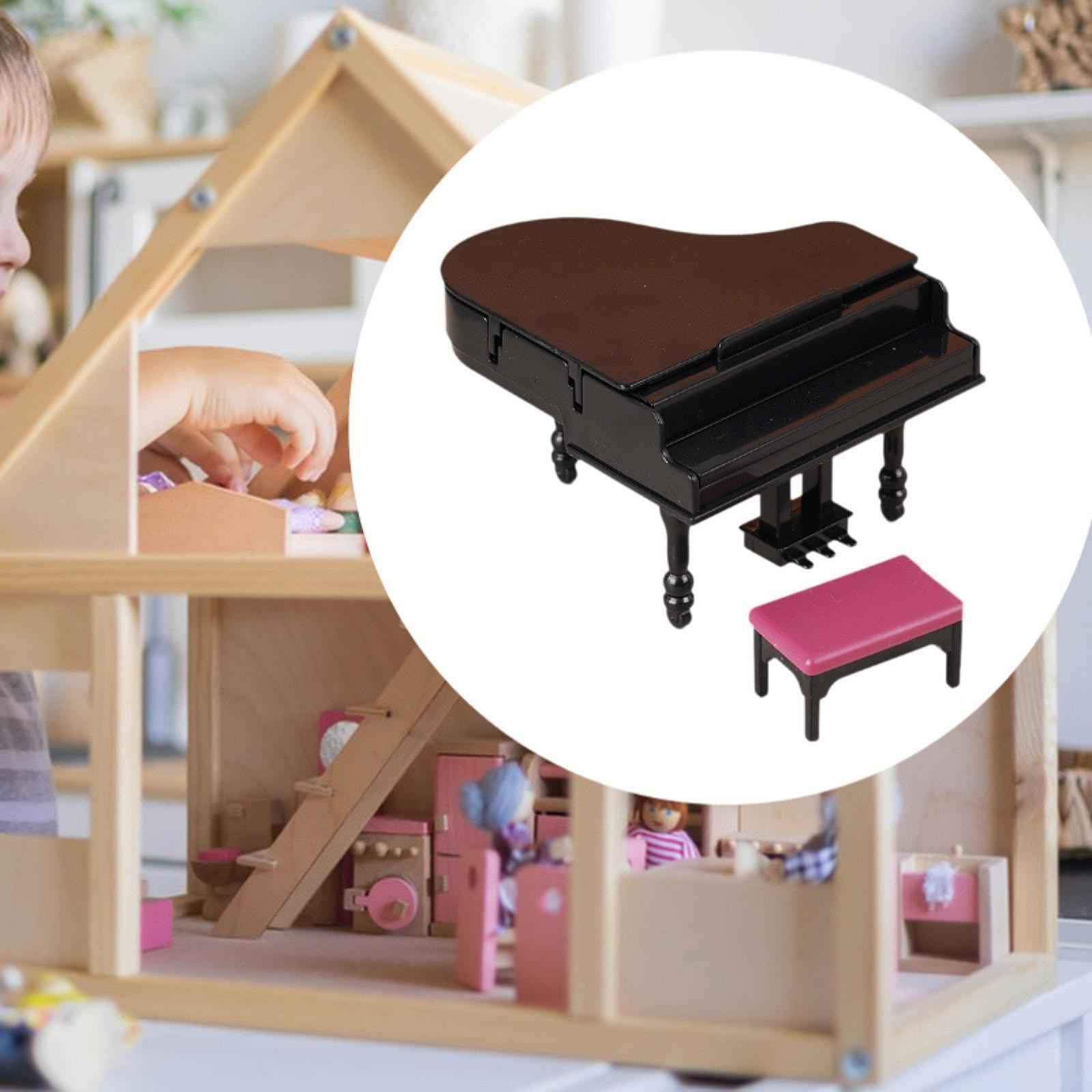 1:12 Scale Dollhouse Mini Grand Piano with Stool for Living Room Bedroom Playhouse