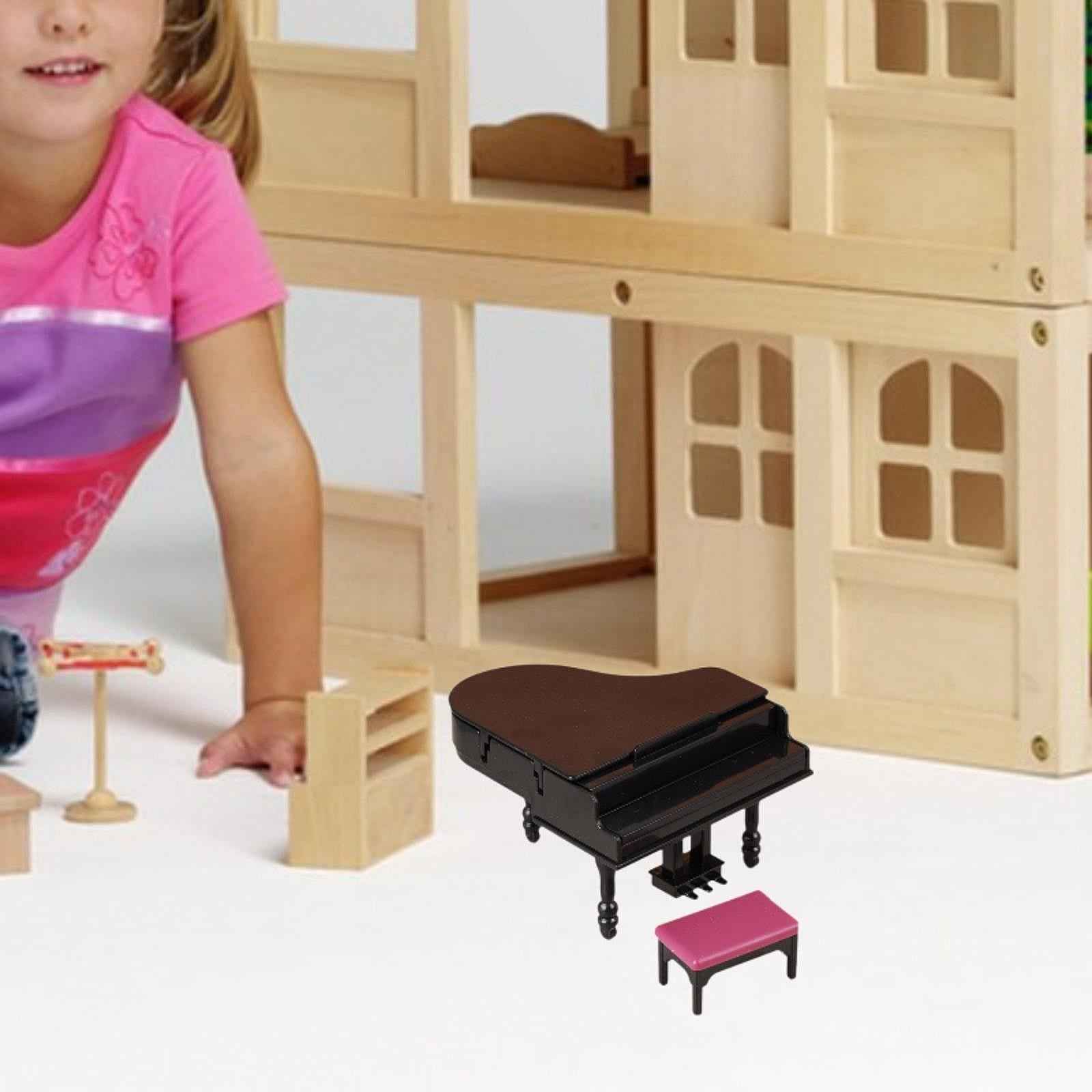 1:12 Scale Dollhouse Mini Grand Piano with Stool for Living Room Bedroom Playhouse