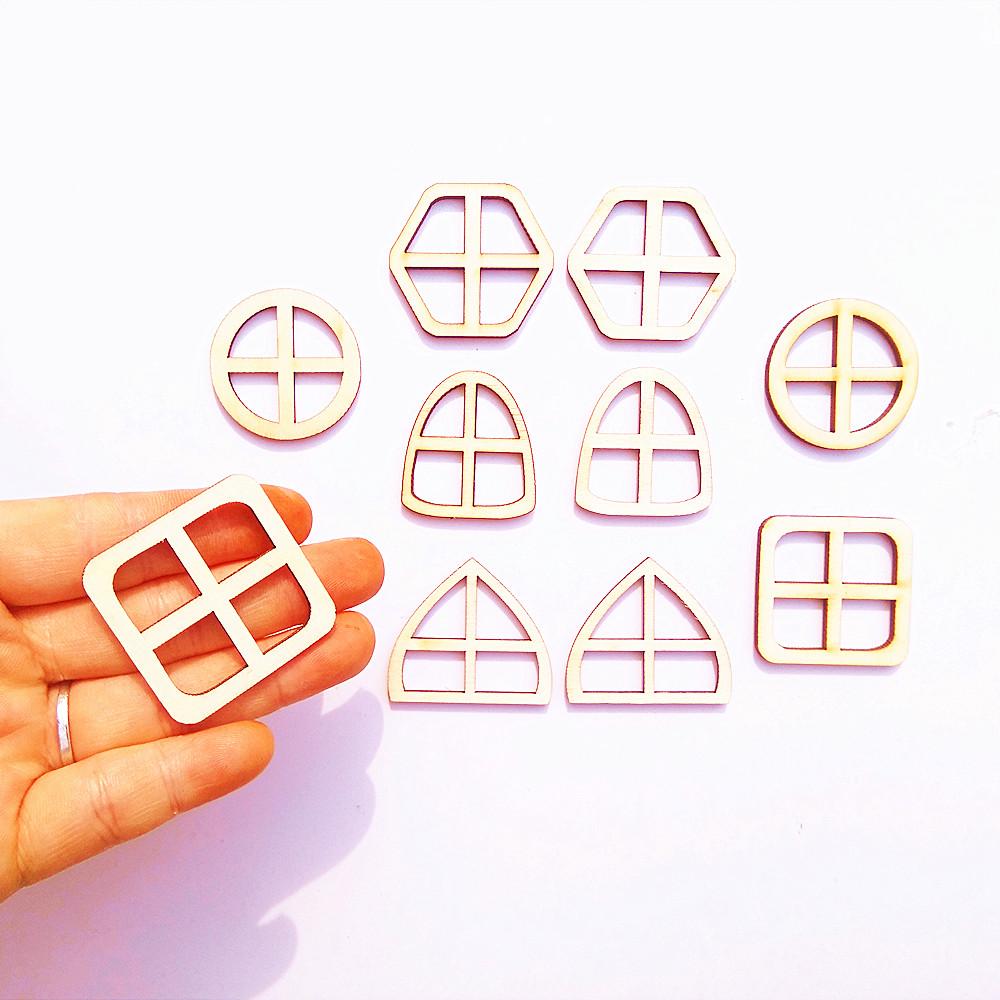 50pcs Set Unpainted Wooden Fairy Windows Shape Craft Embellishments Decor