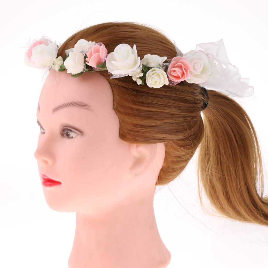 2 Pieces Women's Bridal Flower Hair Wreath Bridesmaid Garland White and Pink
