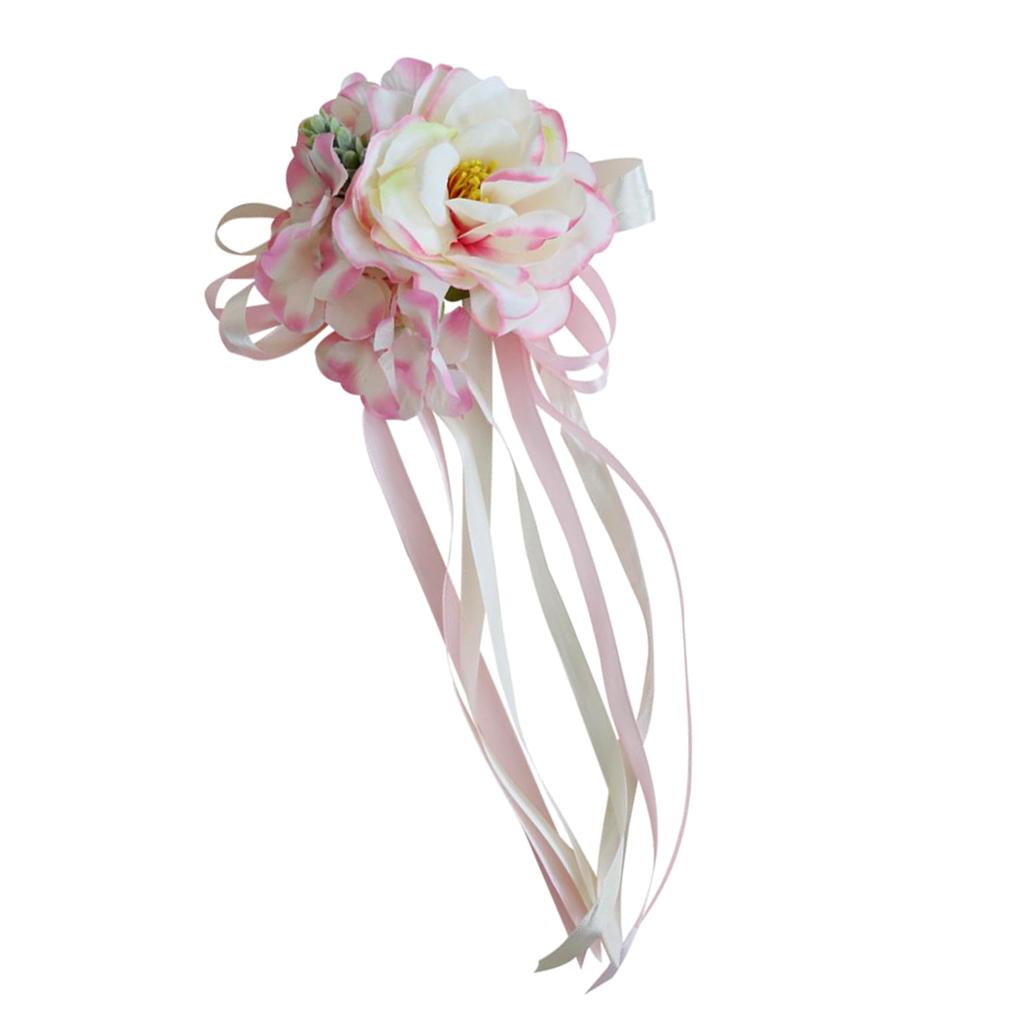 2pcs Artificial Ribbon Flowers Wedding Car Mirror Door Handles Decor Pink