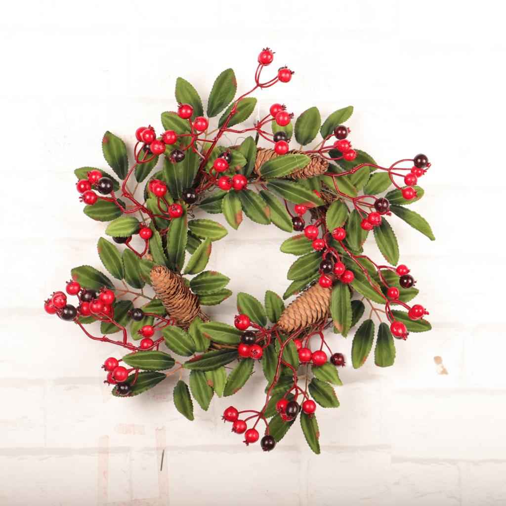 Artificial Pine Cone Leaf Berry Wreath for Home Window Door Wall Ornament Christmas Decoration