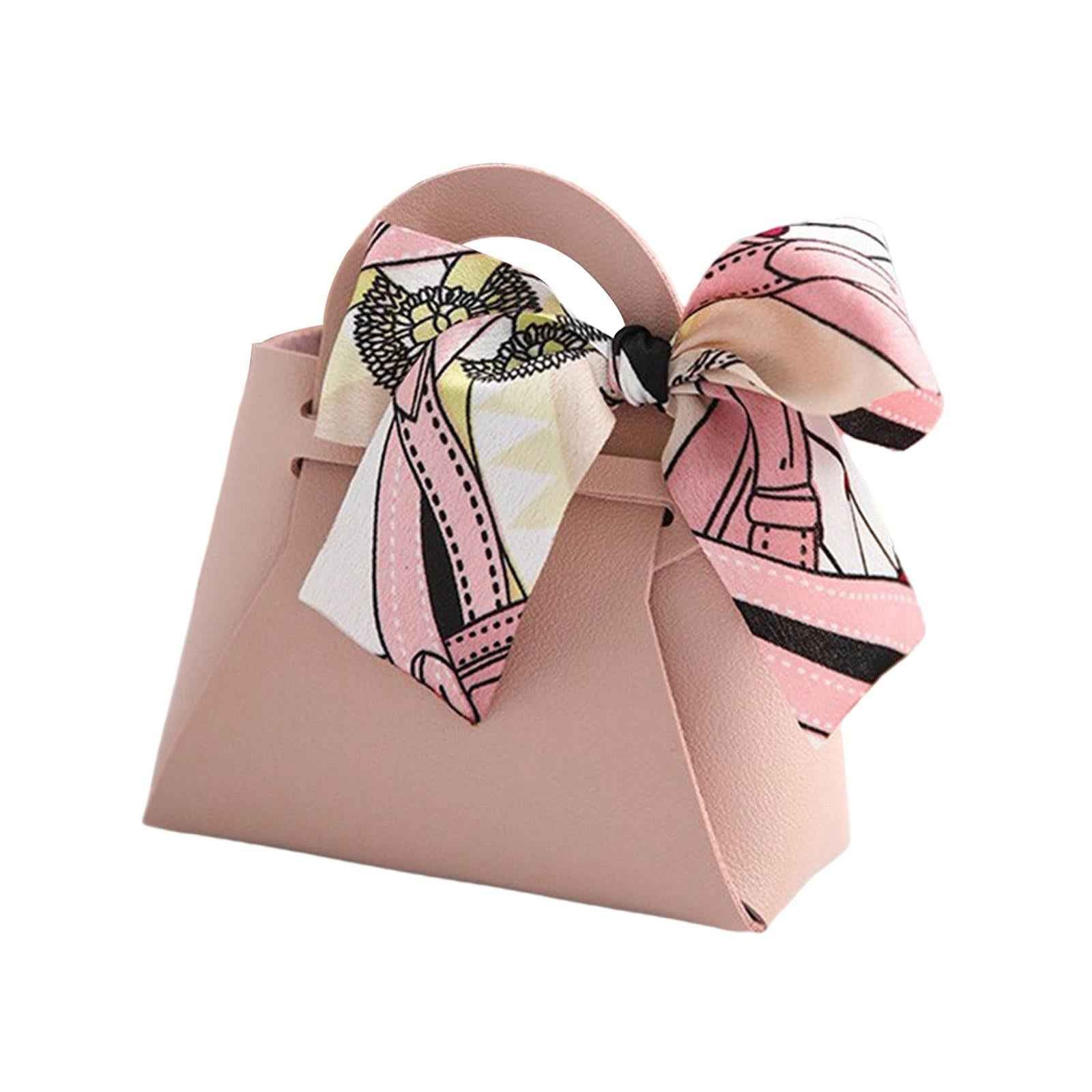 5 Pieces Exquisite PU Leather Wedding Favours Bags Handbag with Ribbons Pink