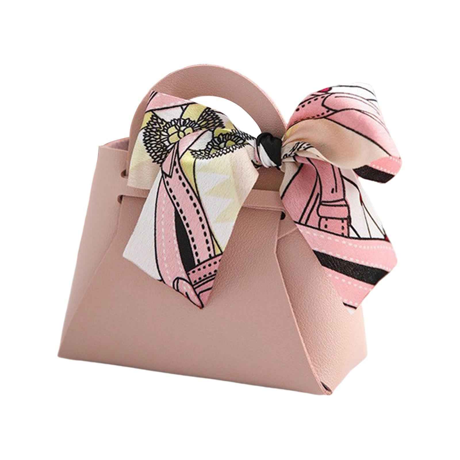 5 Pieces Exquisite PU Leather Wedding Favours Bags Handbag with Ribbons Pink