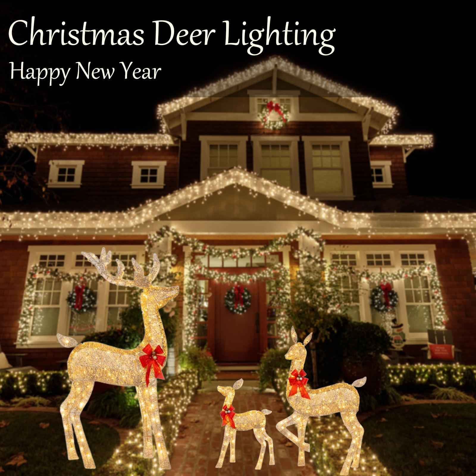 Christmas Deer Yard Ornament with Red Bows Glowing for Outside Garden Home Small
