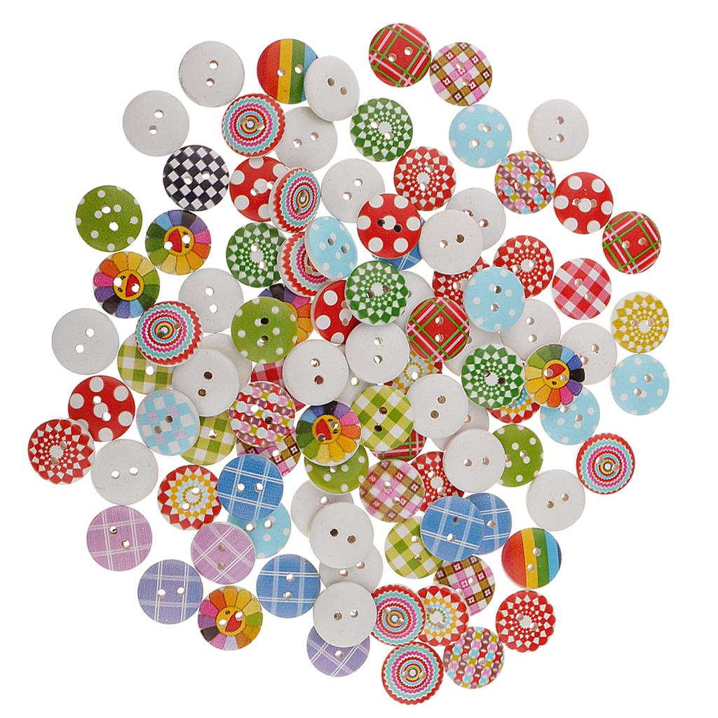 4x100pcs 15mm Polka Dot Plaid Buttons Wood Buttons 2 Holes for Sewing Craft