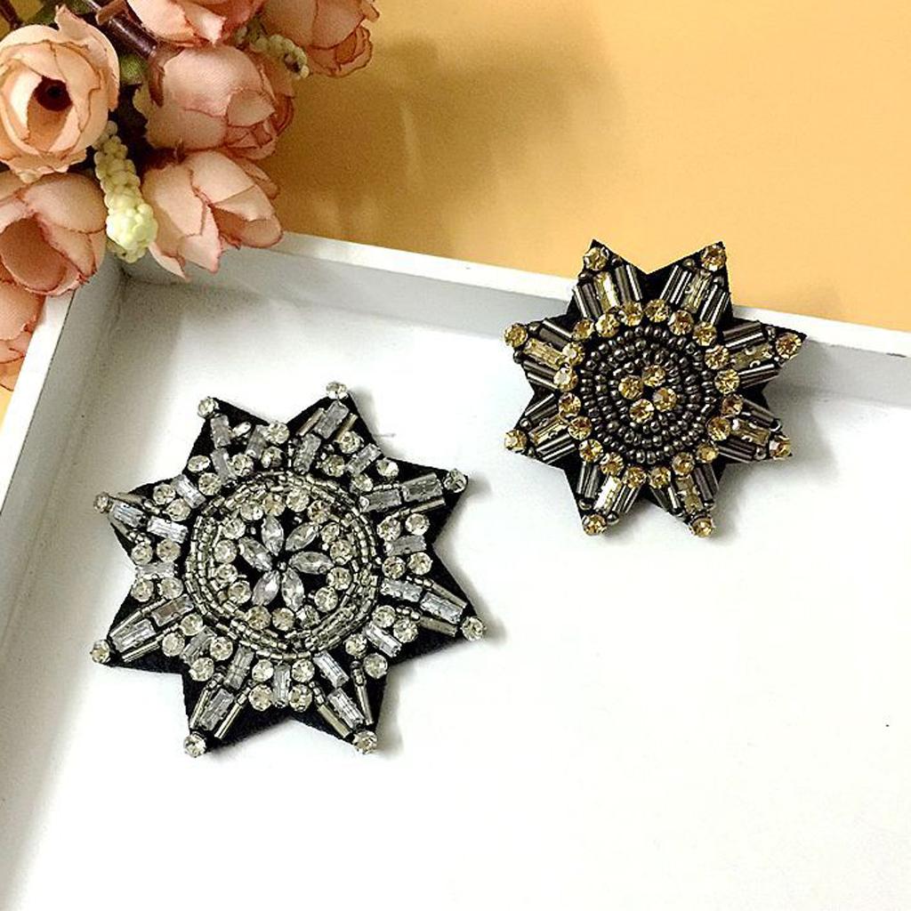 2 Pieces Eight Pointed Star Beads Rhinestone Applique Sew on Patch