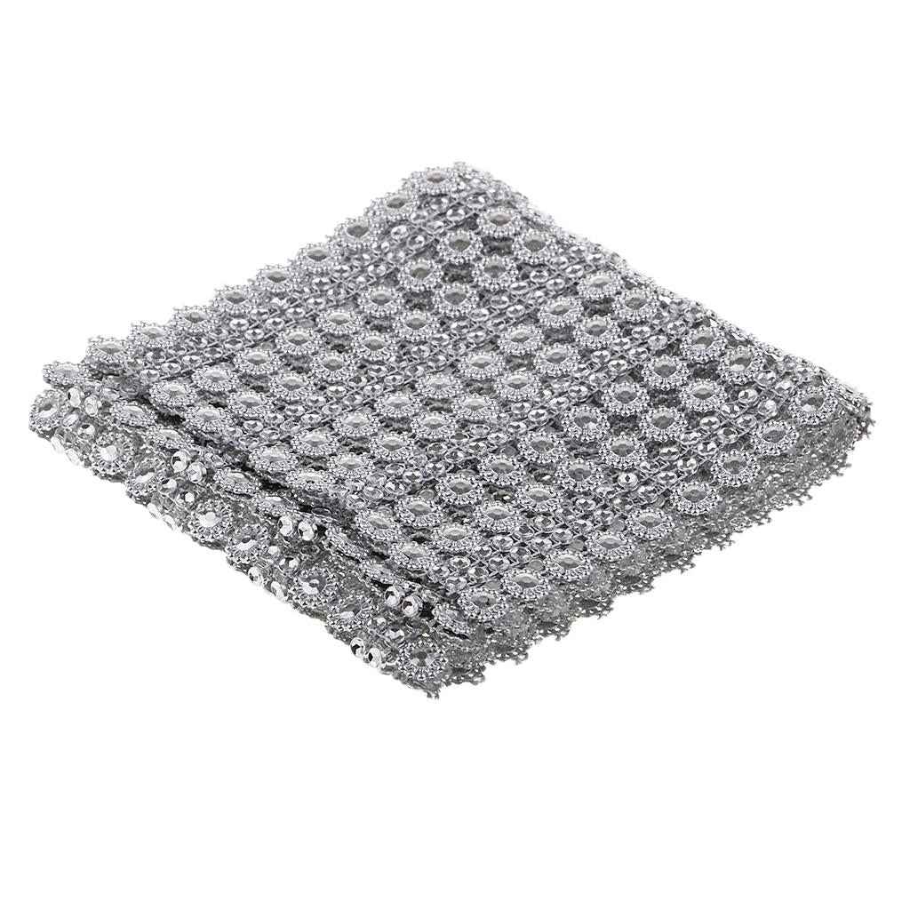 1 Yard 16 Row Silver Flower Diamond Mesh Wrap Crystal Rhinestones Ribbon Trim for Party Decoration, Wedding Cake, Art Craft 12cm Wide