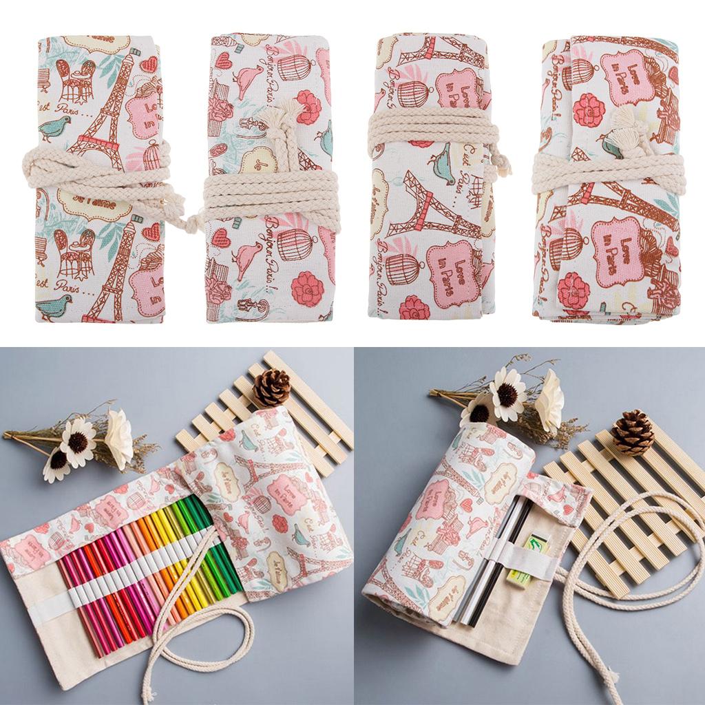 2xCanvas Pencil Bags Case Painting Brush Pouch Roll Up Holders TOWER 12 holes