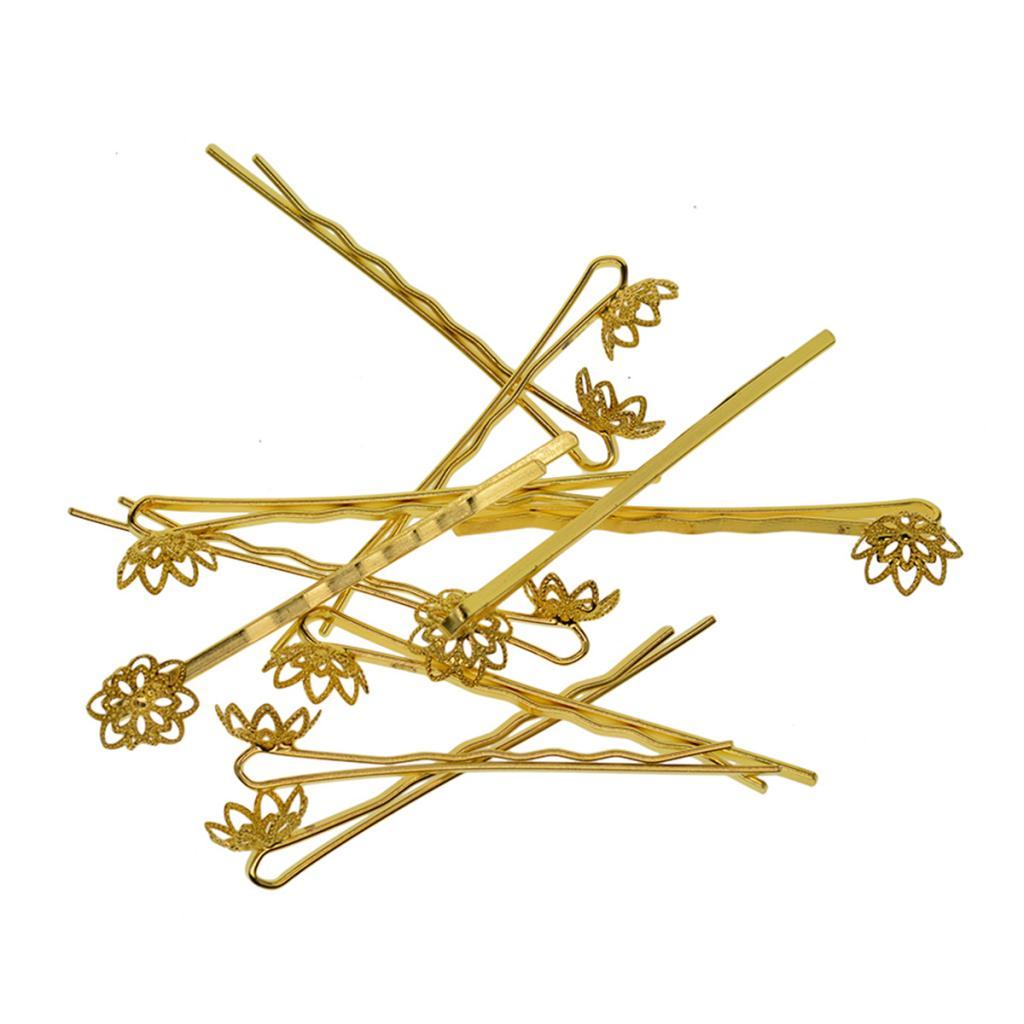 4x10x blank Hair Clip Hair Pin Gothic Filigree round Flower pearl base Gold