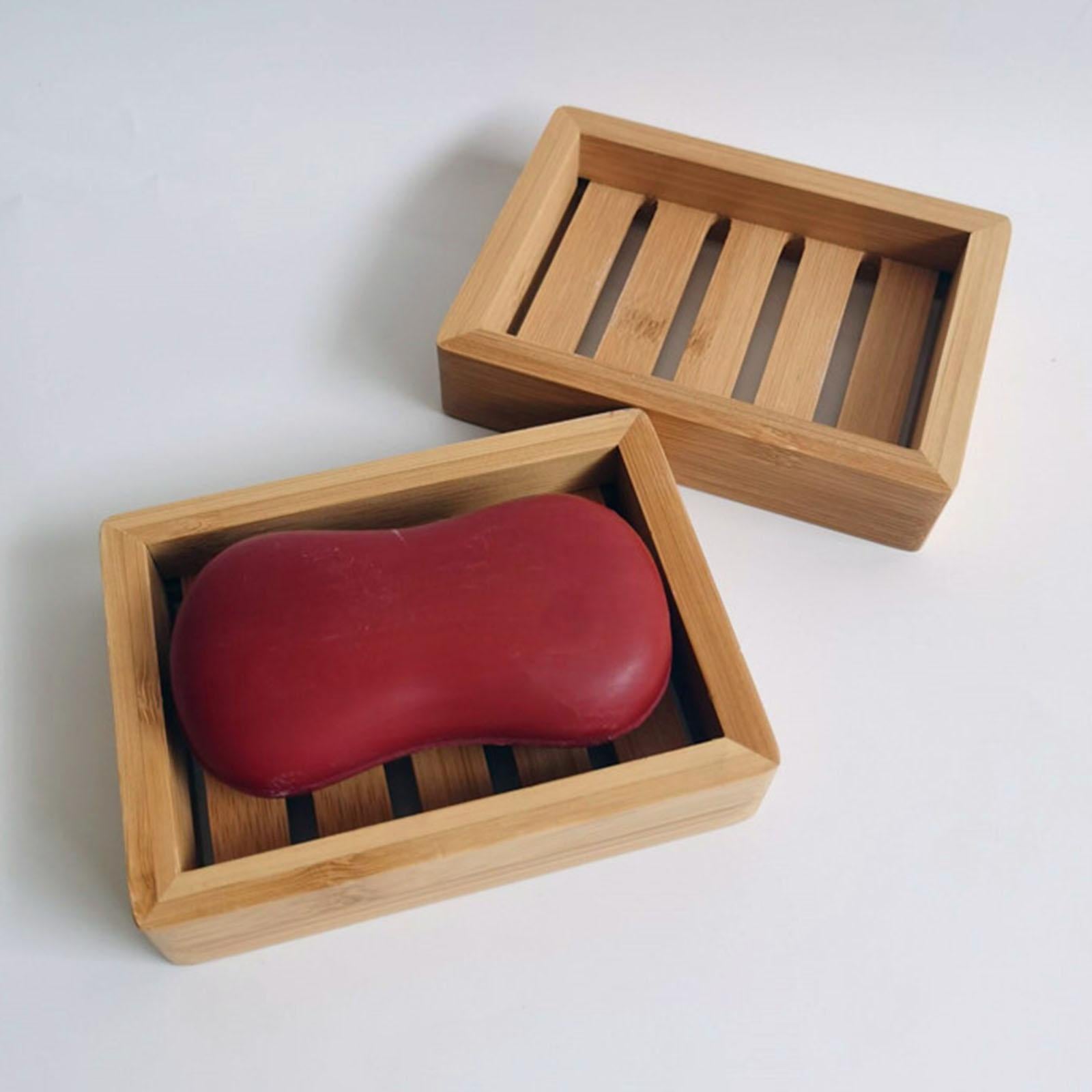 2xWooden Bamboo Soap Dish Tray Holder Bathroom Kitchen Sponge Rack Box