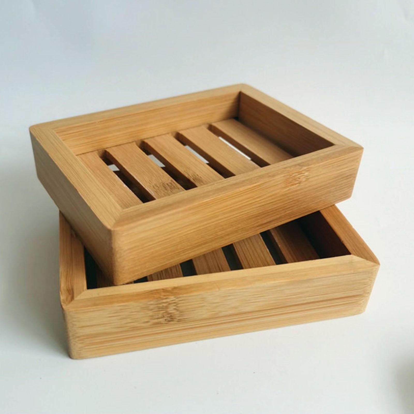 4xWooden Bamboo Soap Dish Tray Holder Bathroom Kitchen Sponge Rack Box