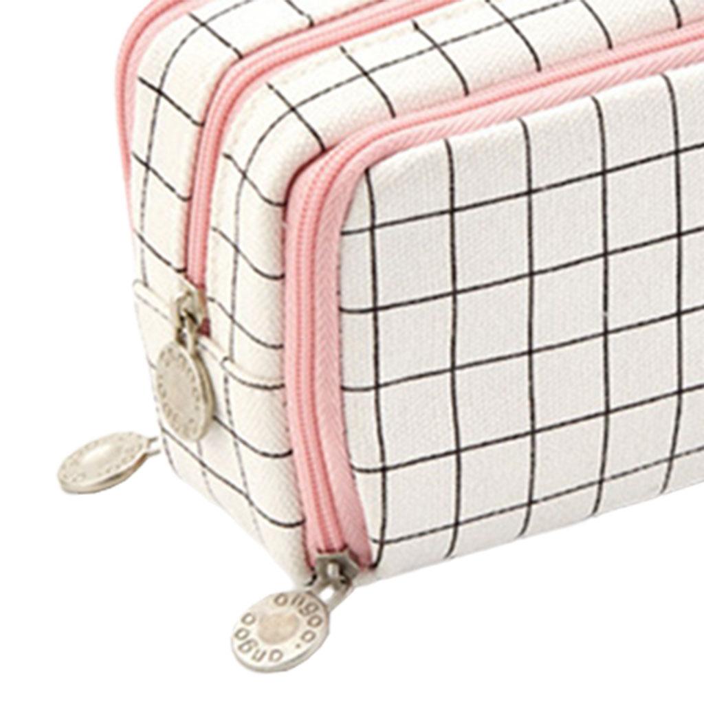 Canvas Pencil Case Pen Bag Stationery Box for Students Black White Plaid