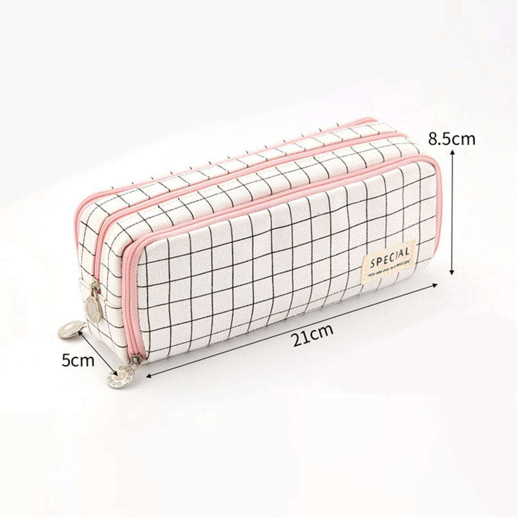 Canvas Pencil Case Pen Bag Stationery Box for Students Black White Plaid