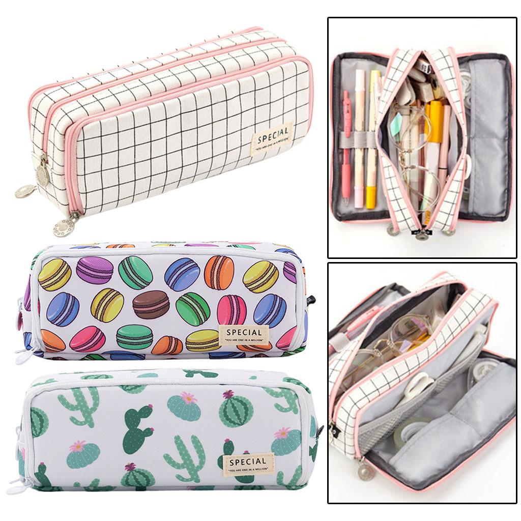 Canvas Pencil Case Pen Bag Stationery Box for Students Black White Plaid