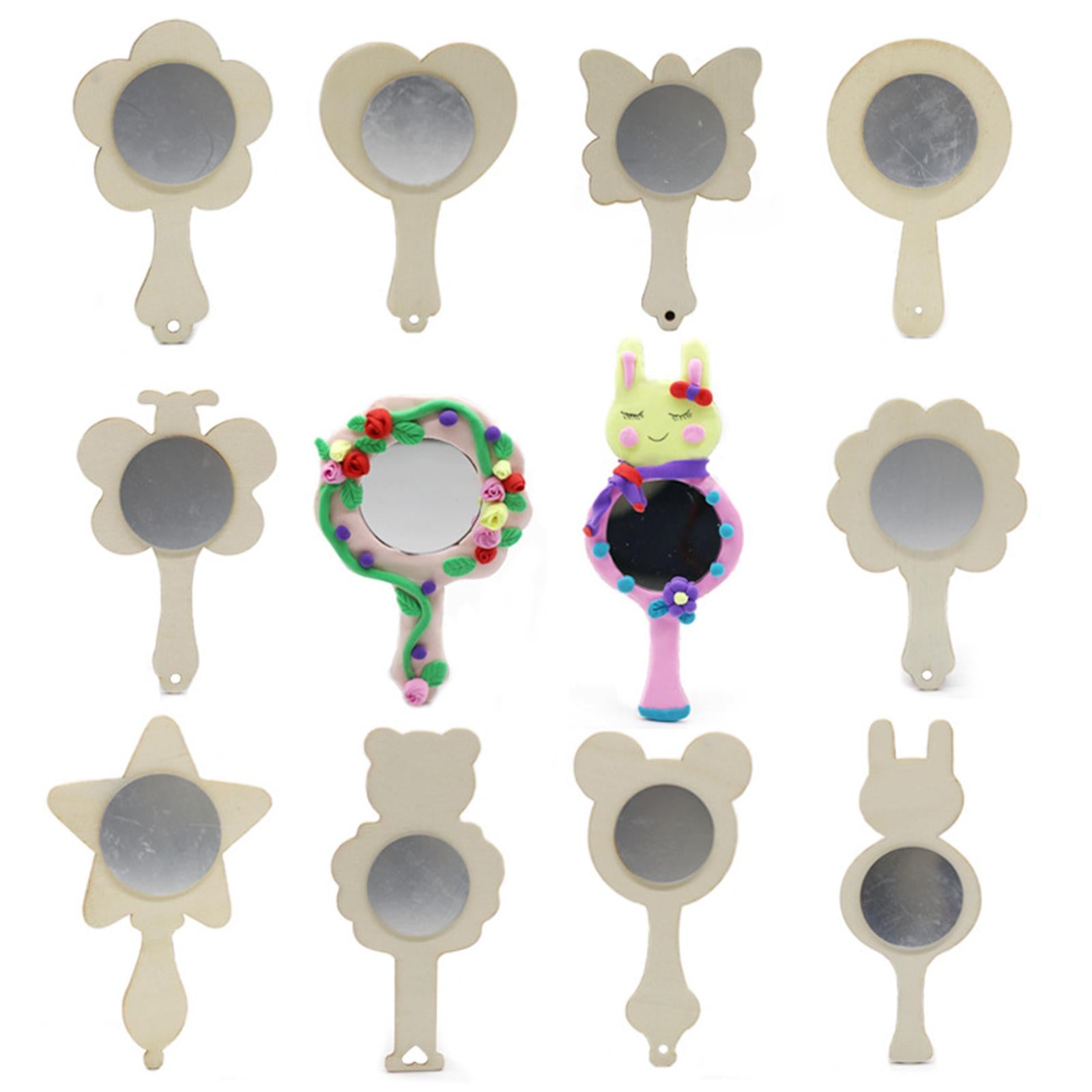 4x10Pcs Unpainted Unfinished Wooden Mirror Handmade Handheld Makeup Mirror