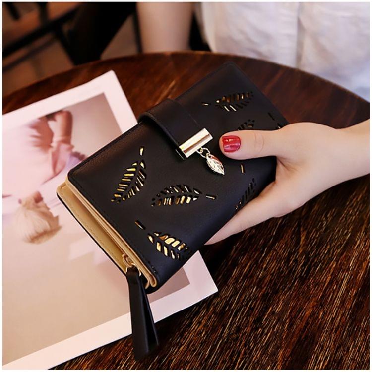 Long Gold Hollow Leaves Coin Purse Card Holders Wallet for Women(Black)