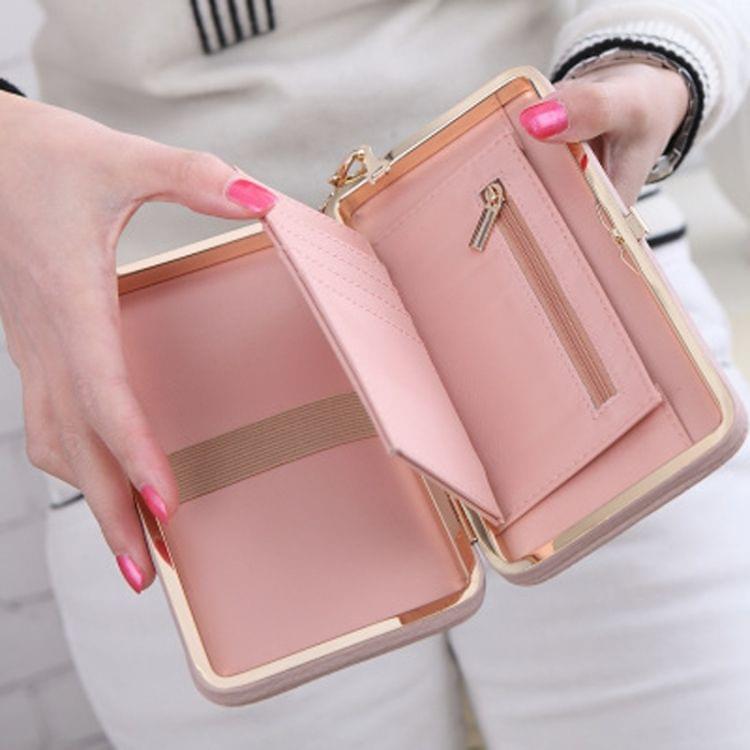 Multifunctional Litchi Texture Buckle PU Ladies Handbag Bow Wallet(Pink)