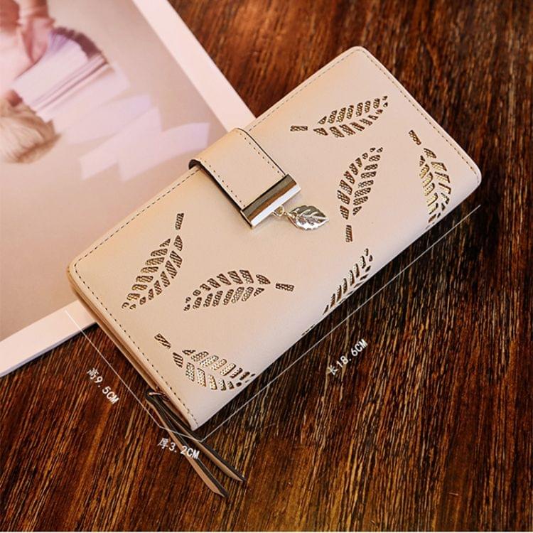 Long Gold Hollow Leaves Coin Purse Card Holders Wallet for Women(Pink)