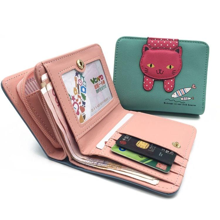 Women Cute Cat Wallet Small Zipper Wallet PU Leather Coin Purse Card Holder(Green)