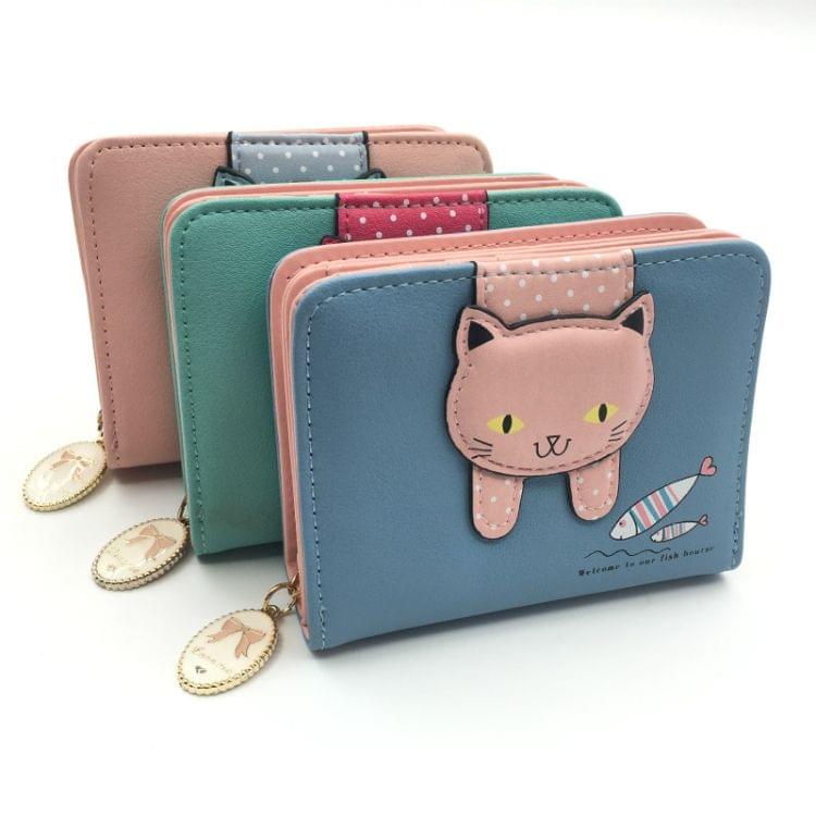 Women Cute Cat Wallet Small Zipper Wallet PU Leather Coin Purse Card Holder(Green)