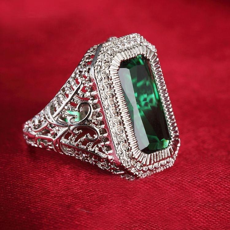Ladies Natural Emerald Rhinestone Engagement Wedding Ring Party Queen Single Item(Silver+Emerald US Size: 6)