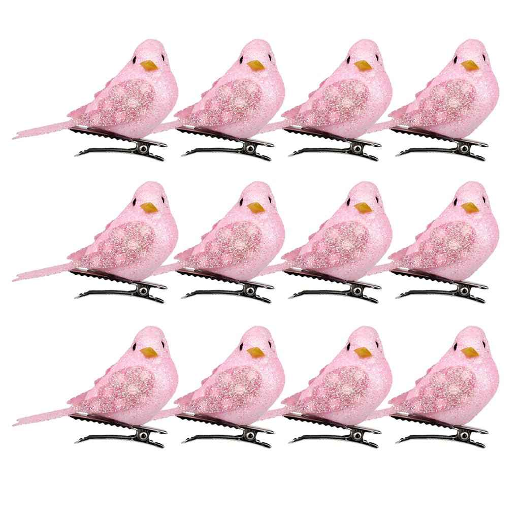 12Pcs Artificial Mini Decorative Bling Foam Birds for Crafts Garden Pink