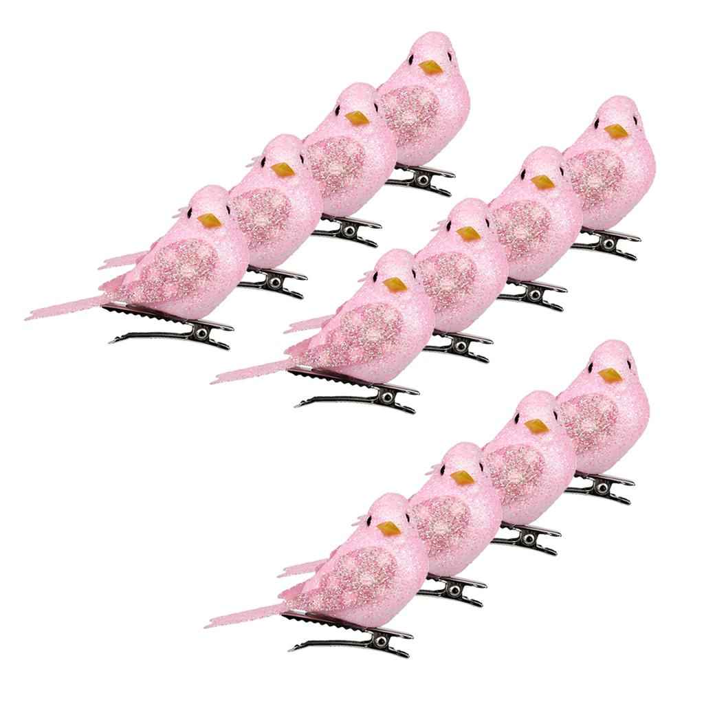 12Pcs Artificial Mini Decorative Bling Foam Birds for Crafts Garden Pink
