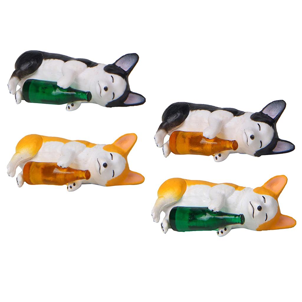 4xHolding Winebottle Mini Corgi Huskie Dog Figurine Decor Yellow Bottle Corgi