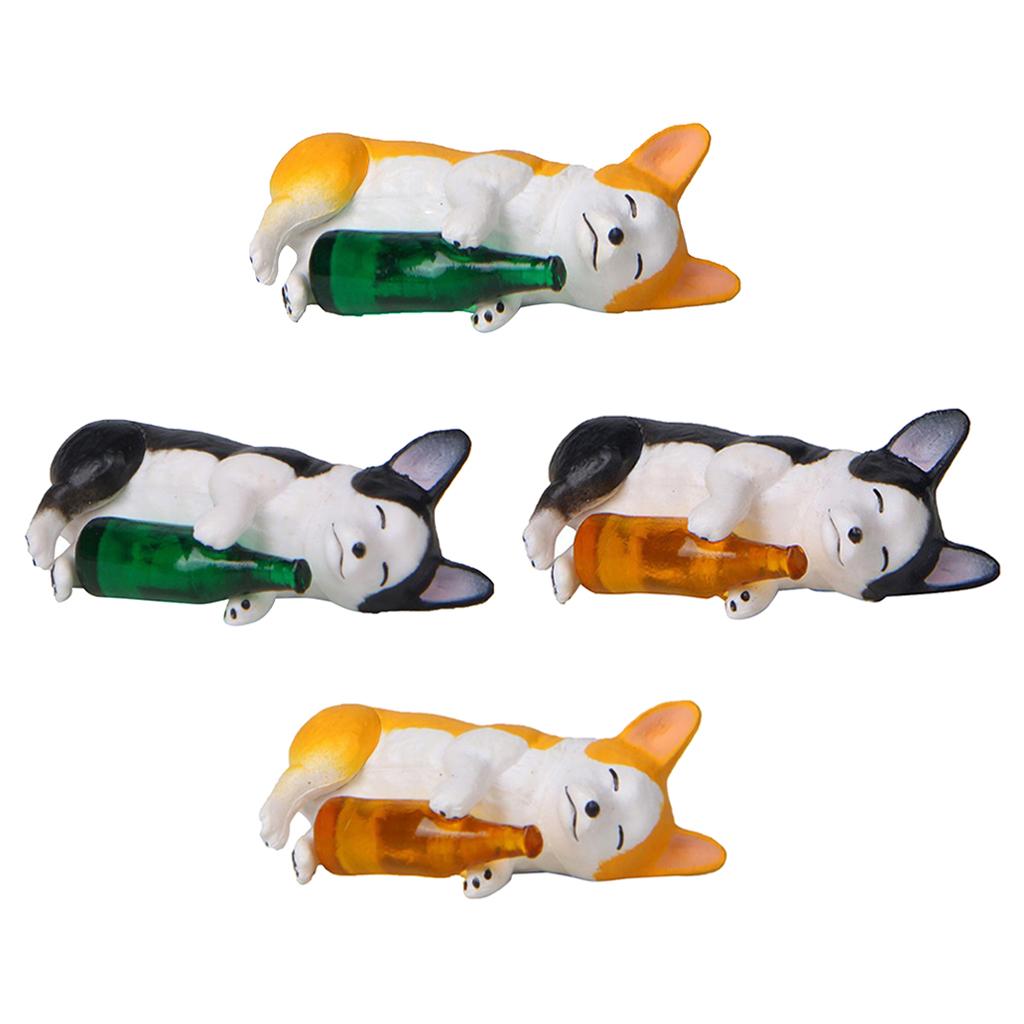 4xHolding Winebottle Mini Corgi Huskie Dog Figurine Decor Yellow Bottle Corgi