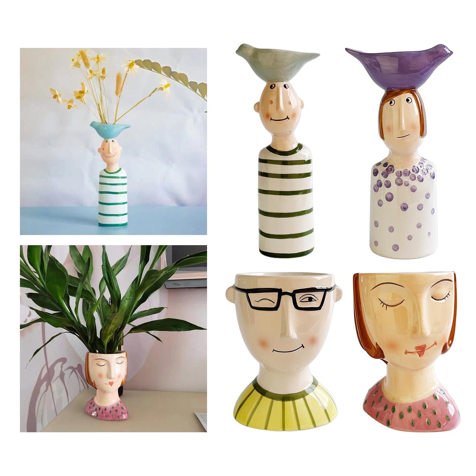 Cute Human Face Ceramic Flower Vase for Office Living Room Decor Bird Male