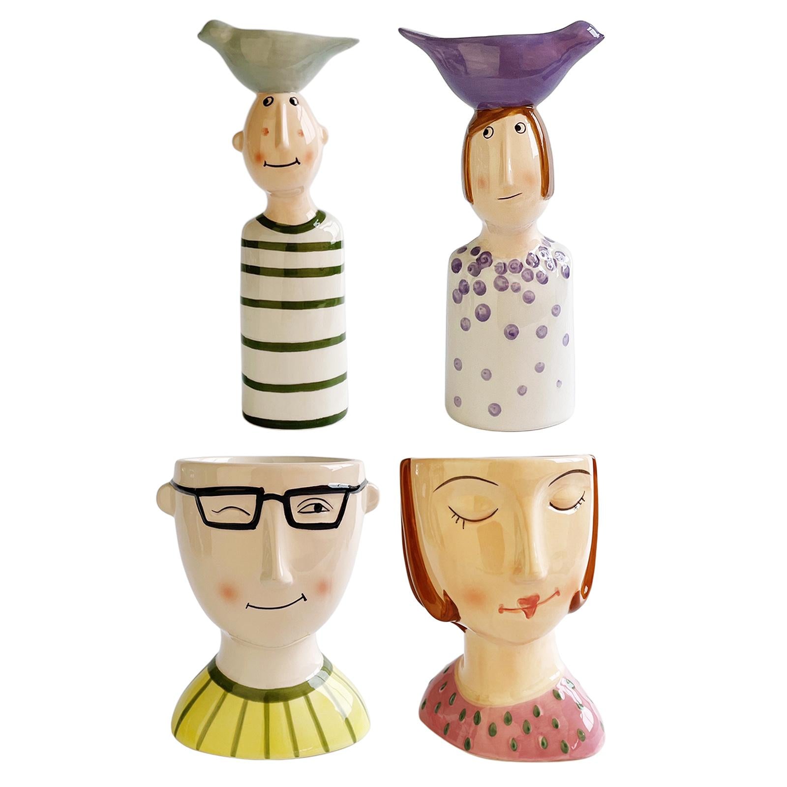Cute Human Face Ceramic Flower Vase for Office Living Room Decor Bird Male