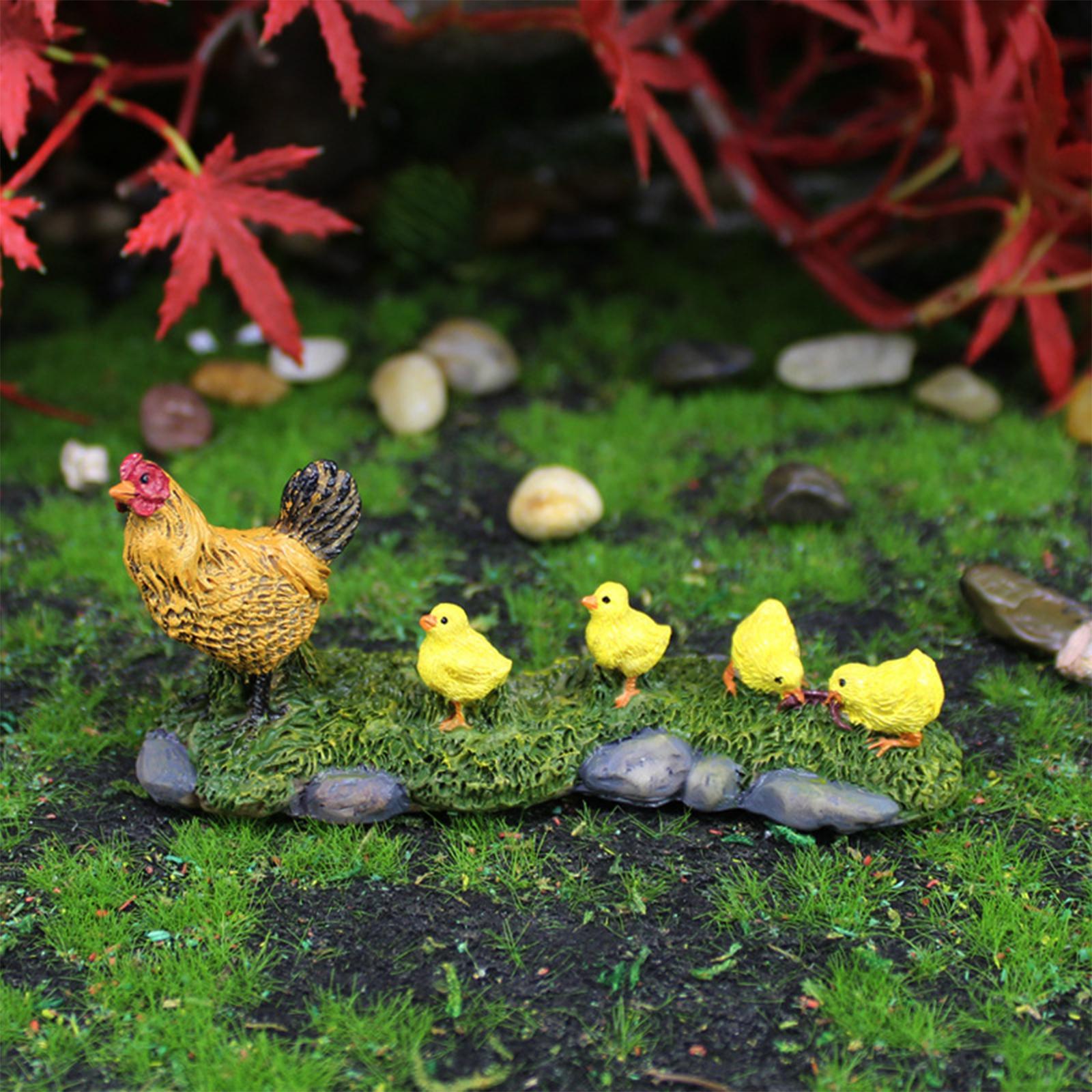 2xCute Miniature Garden Statues Hen and Her Babies Sculpture for Decor