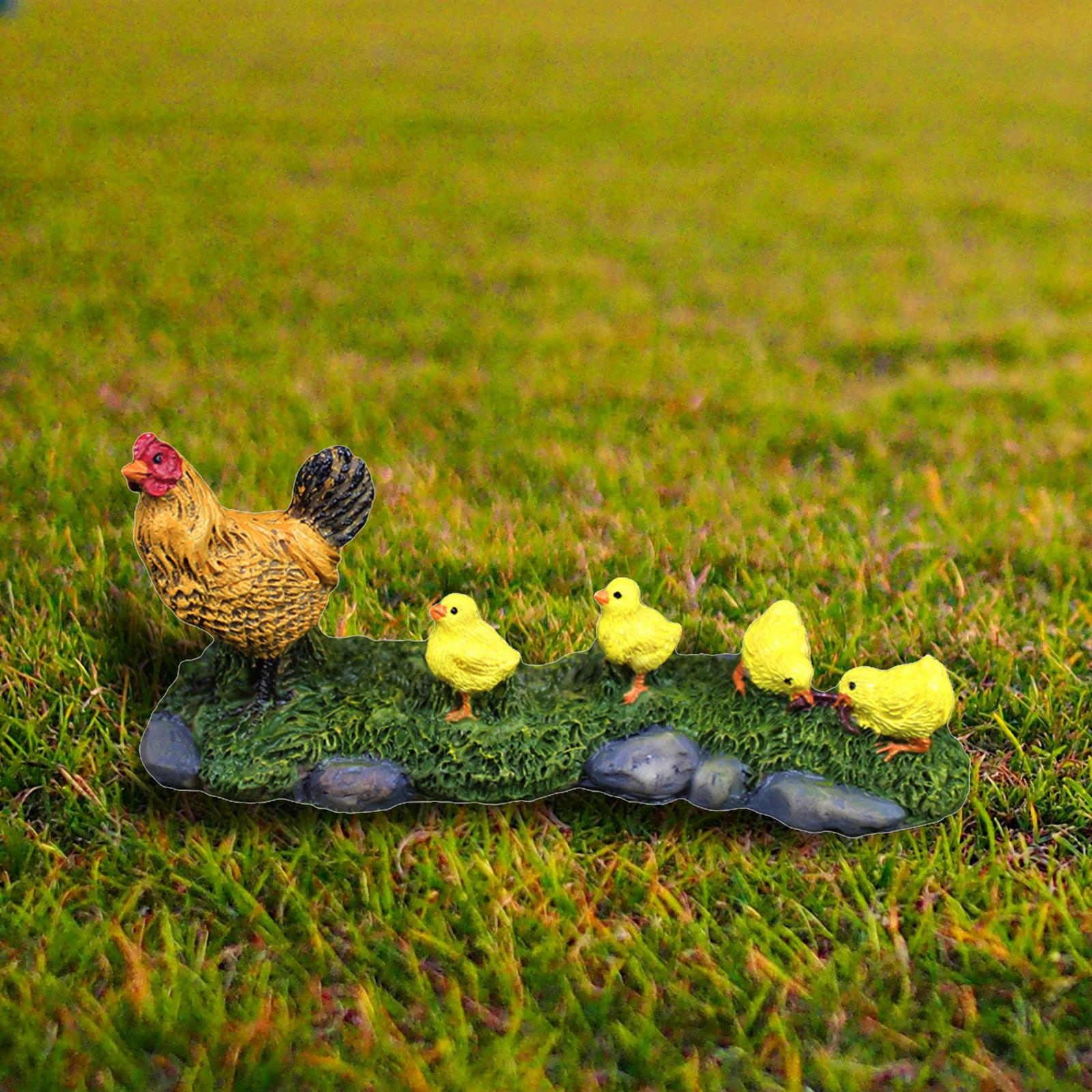 2xCute Miniature Garden Statues Hen and Her Babies Sculpture for Decor