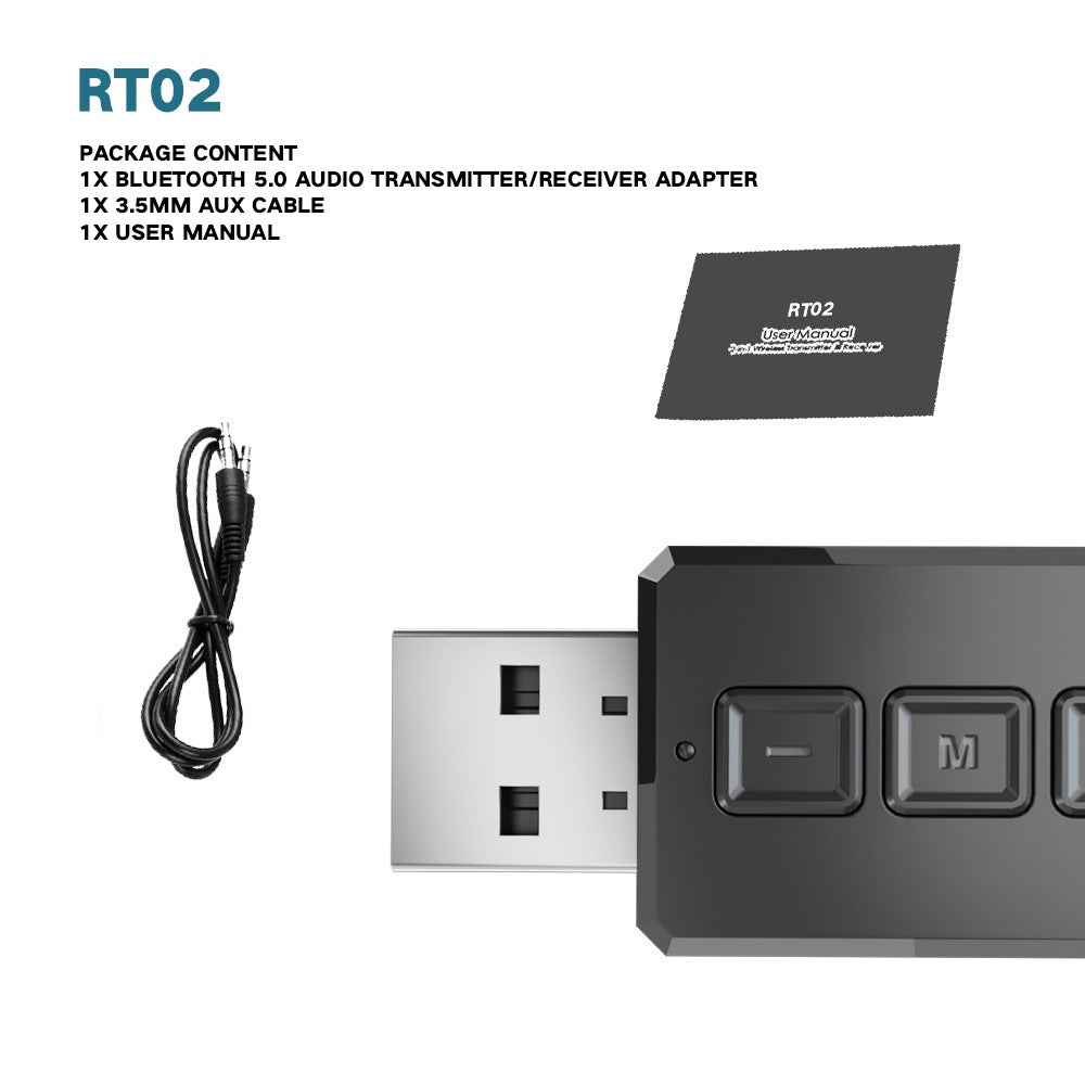 RT02 Bluetooth-compatible Transmitter + Receiver 2-in-1 Design Portable Wireless Bluetooth-compatible Adapter for Cars/TVs/Mobile Phone/PCs