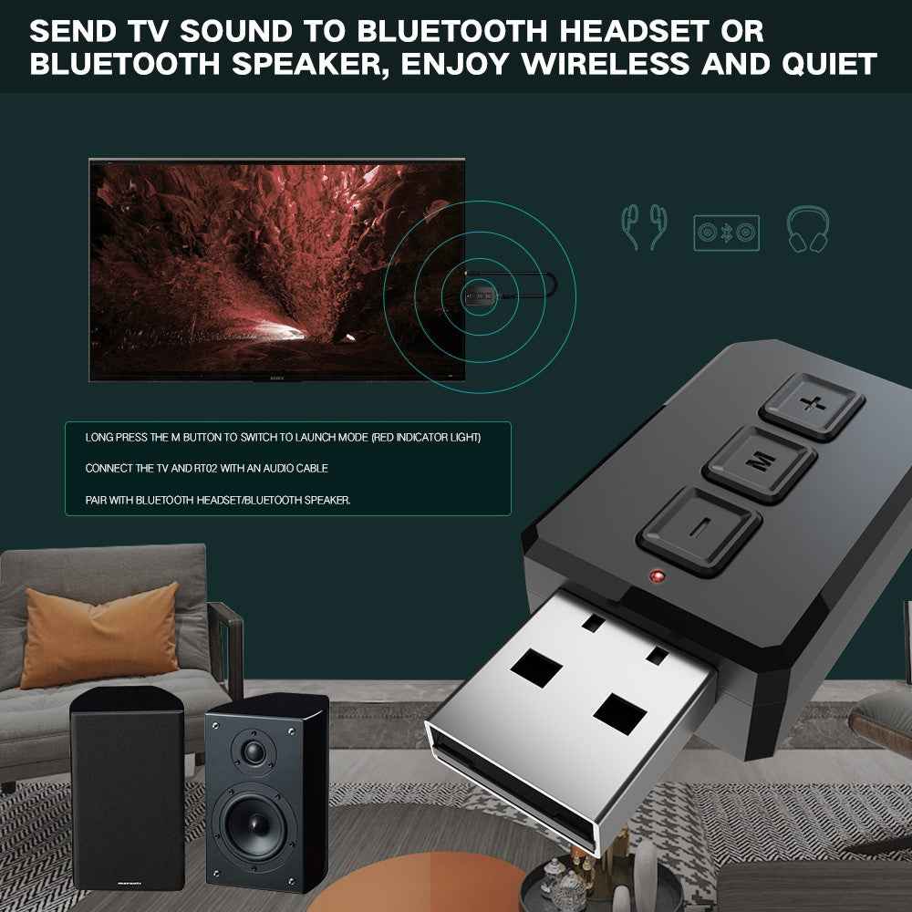 RT02 Bluetooth-compatible Transmitter + Receiver 2-in-1 Design Portable Wireless Bluetooth-compatible Adapter for Cars/TVs/Mobile Phone/PCs