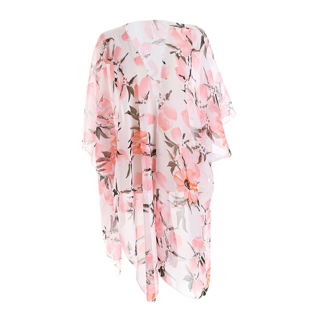 Boho Style Women Chiffon Cover Up Kimono Cardigan Short Sleeve Top Pink