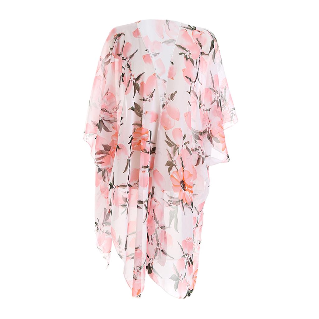Boho Style Women Chiffon Cover Up Kimono Cardigan Short Sleeve Top Pink
