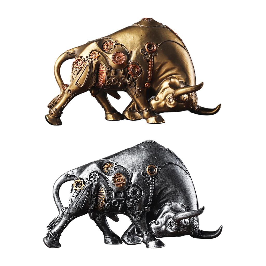 Desktop Animal Figurine Resin Mechanical Bull Statue Sculpture Decor Golden