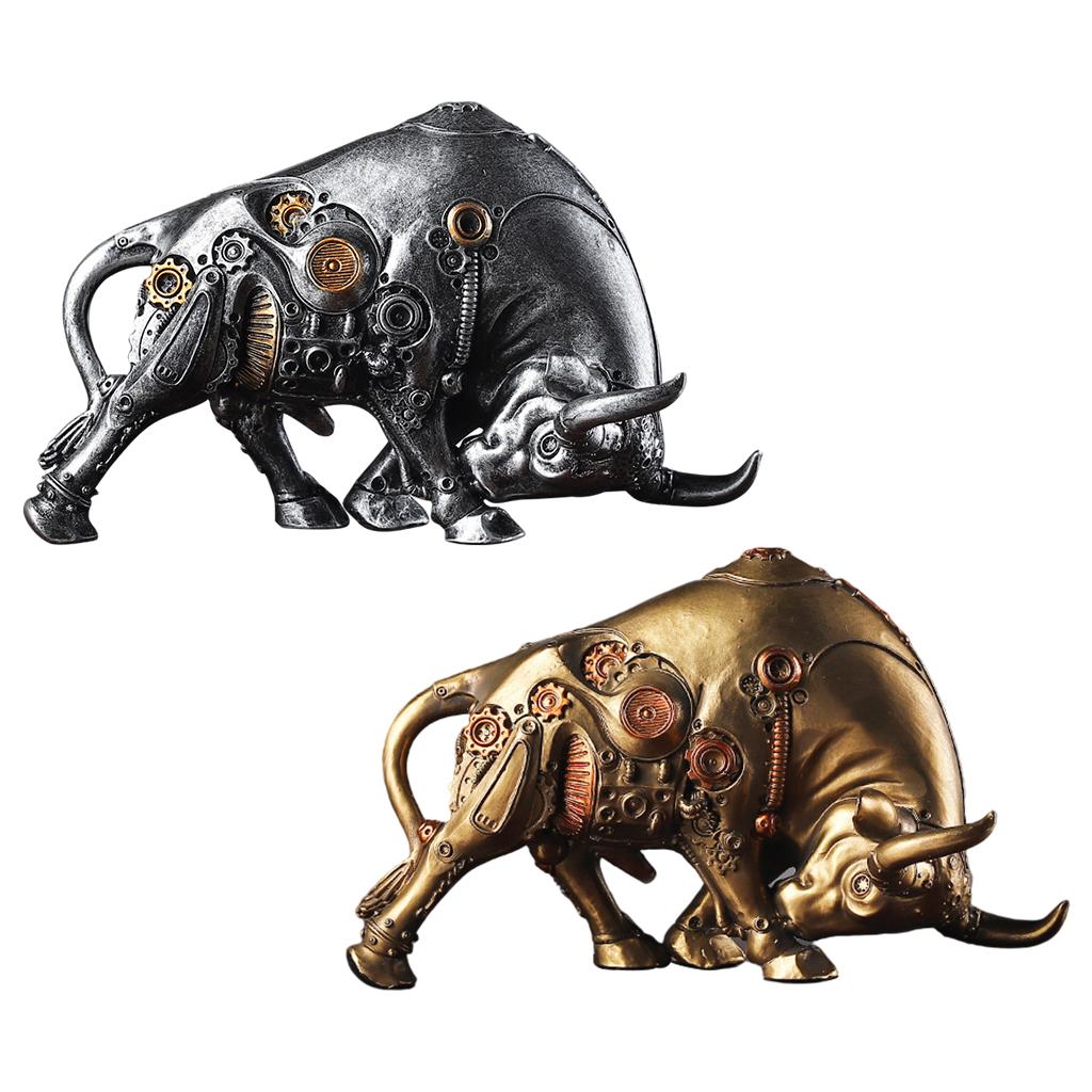 Desktop Animal Figurine Resin Mechanical Bull Statue Sculpture Decor Golden